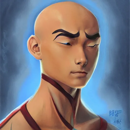 Image similar to Portrait of Aang,blue arrow paint going down his head, by Charlie Bowater