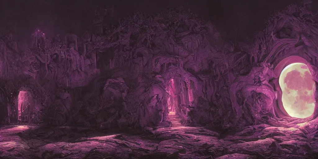 Prompt: hyper detailed beautiful painting of the gates to hell, midnight, moon light, volumetric lighting, dark, purple light, scary, sad, back lit