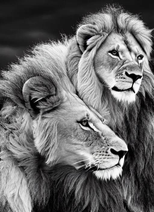 Prompt: lion and lioness black and white portrait white sky in background