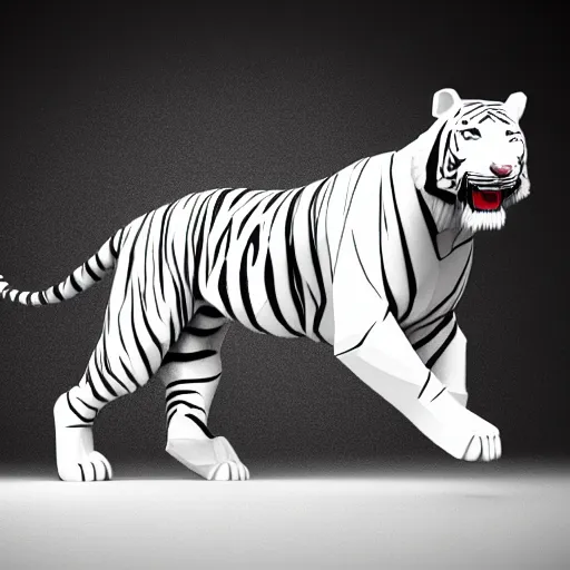 Image similar to a low - poly render of a white tiger in a dynamic action pose dwelling in the spirit realm, low poly 3 d, octane render, dramatic dreamlike lighting, all white render, no textures, angular energetic background elements, angular dynamic white rock floor