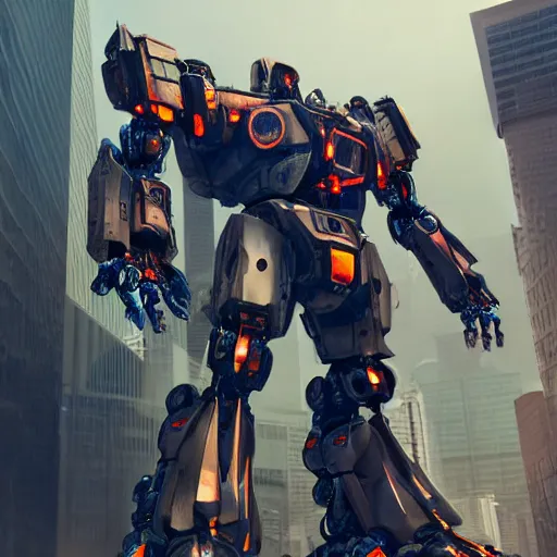 Image similar to a beautiful hyperrealistic ultradetailed 3D render of a gigantic mecha standing in the city, by brian sum and stephen martiniere and Antonio Manzanedo. mech, dragon, unreal engine, octane render, PBR, 3D, brilliantly colored, intricate, wide angle, volumetric lighting, polished, path tracing