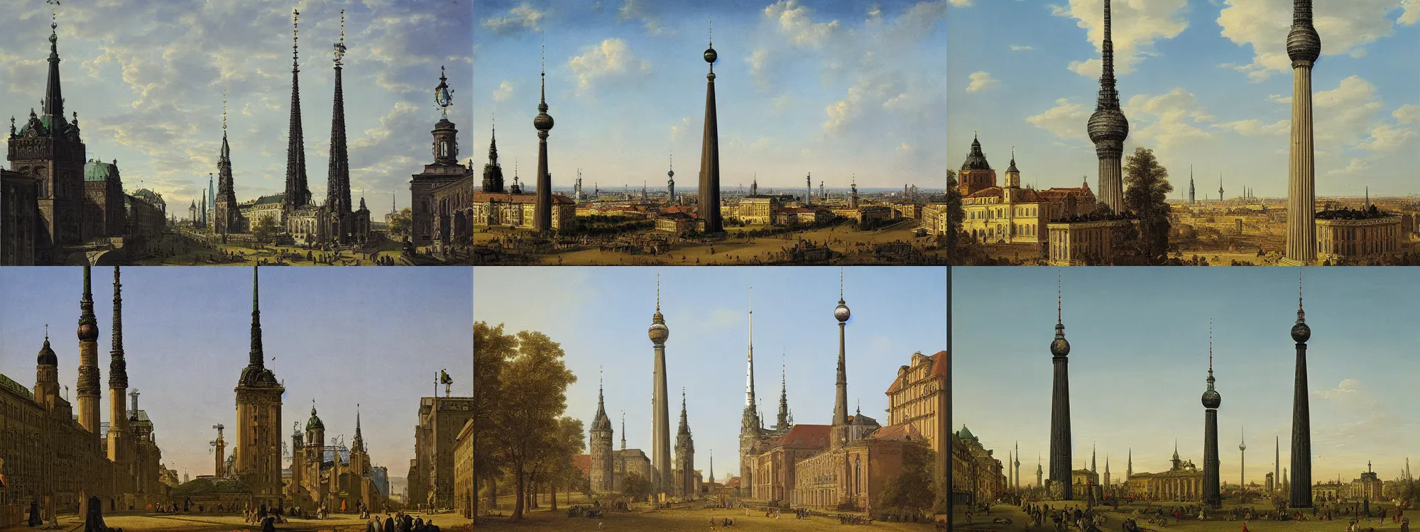 Prompt: TV tower seen above Berlin, gothic architecture, landscape painting by Karl Friedrich Schinkel