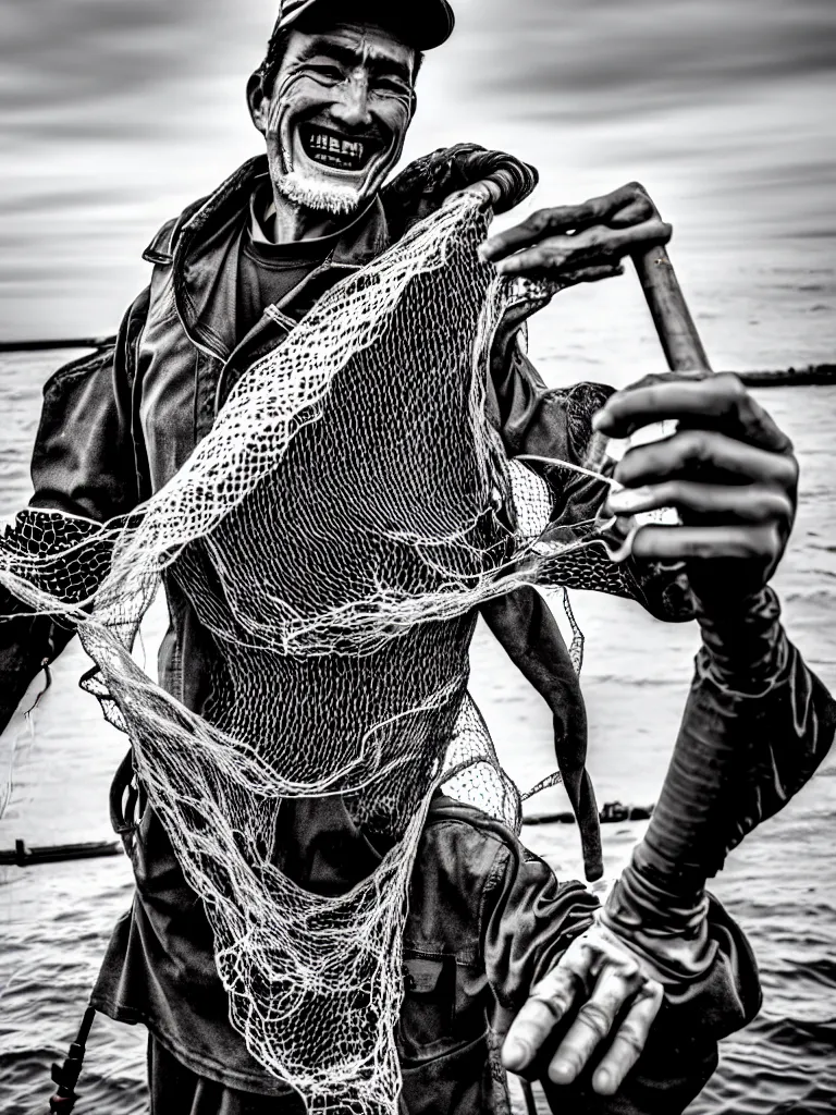 Image similar to an imperfect journalistic portrait of a mecha fisherman, after he has caught a truly enormous frankfurter in his net. he grins proudly, baring his gargantuan razor sharp teeth like blades of a professional food processor