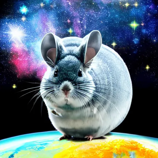 Image similar to chinchilla floating in space with galaxy in background