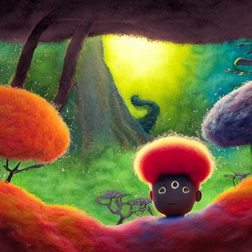 Image similar to a black girl with a colorful afro and big colorful eyes meditating in an african zen garden at sunset, bright colours, bokeh!!, watercolor, volumetric wool felting, macro photography, children illustration, by goro fujita