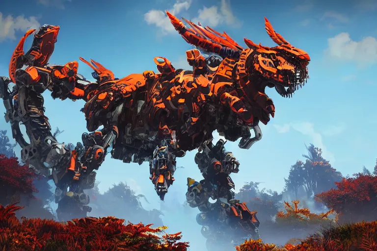 Image similar to fireclaw machine mecha animal beast robot of horizon forbidden west horizon zero dawn bioluminiscence global illumination ray tracing hdr fanart arstation by sung choi and eric pfeiffer and gabriel garza and casper konefal