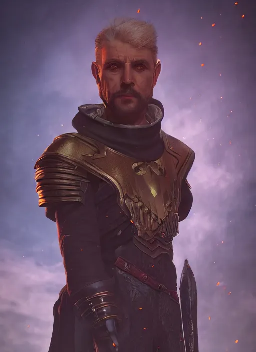 Image similar to A fantasy comic book style portrait painting of a male Inquisitor elder, unreal 5, DAZ, hyperrealistic, octane render, RPG portrait, dynamic lighting