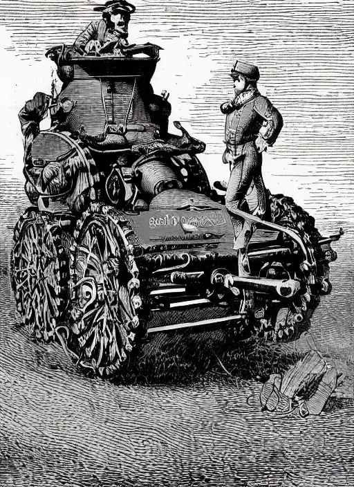 Image similar to 19th century wood-engraving of a steam powered Renault FT tank, whole page illustration from Jules Verne book, art by Édouard Riou Jules Férat and Henri de Montaut, frontal portrait, high quality, beautiful, highly detailed, removed watermarks