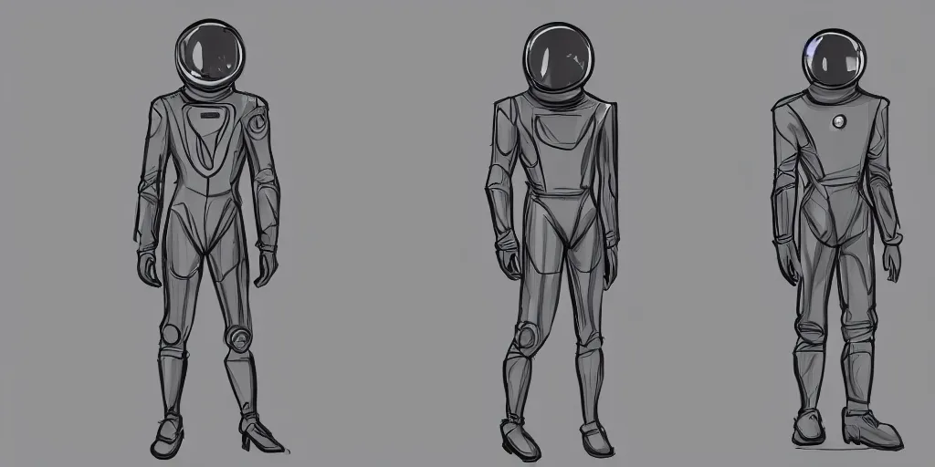 Image similar to male, elongated figure, space suit, concept art sketch, large shoulders, short torso, long thin legs, tiny feet, character sheet, very stylized, concept design