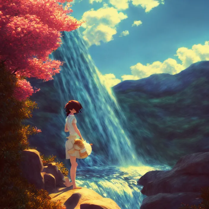 Image similar to an epic makoto shinkai and renoir surreal landscape of a woman's brown hair mixed with a waterfall, 🌺, golden hour, ultra smooth, lois van baarle, ilya kuvshinov, unreal engine, blender, trending on artstation, suntur, caleb worcester, highly detailed, photorealism, bloom effect 8 k