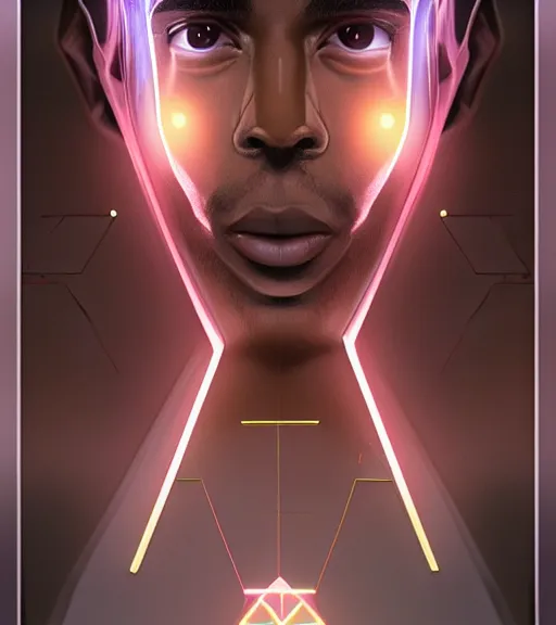 Image similar to symmetry!! egyptian prince of technology, solid cube of light, hard edges, product render retro - futuristic poster scifi, lasers and neon circuits, brown skin man egyptian prince, intricate, elegant, highly detailed, digital painting, artstation, concept art, smooth, sharp focus, illustration, dreamlike, art by artgerm