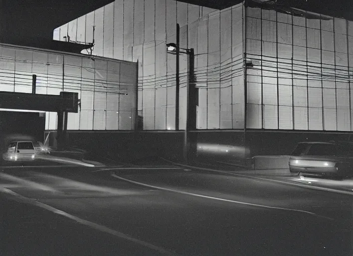 Prompt: a building seen from a dark parking lot in los angeles at night. 1 9 9 0 urban photography