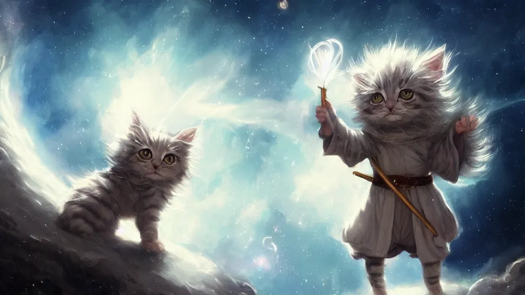 Image similar to a single cartoonish kitten dressed as Gandalf floating in space, bright stars, anime, a fantasy digital painting by Greg Rutkowski and James Gurney, trending on Artstation, highly detailed