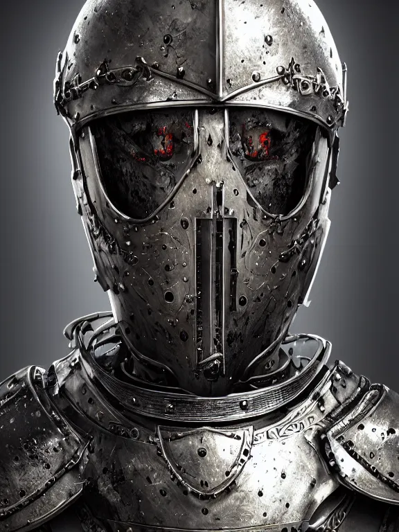 Prompt: portrait art of 8k ultra realistic undead medieval knight,detailed ornate helmet, detailed white and black intricate ornate armour,decaying, cybernetic, full of colour, cinematic lighting, battered, trending on artstation, 4k, hyperrealistic, focused, extreme details,unreal engine 5, cinematic, masterpiece, art by ayami kojima, giger