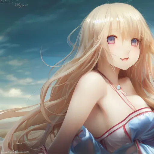Image similar to a very beautiful anime cute girl, full body, long wavy blond hair, sky blue eyes, full round face, short smile, fancy top, miniskirt, front view, medium shot, mid-shot, laying in bed, highly detailed, cinematic wallpaper by Stanley Artgerm Lau