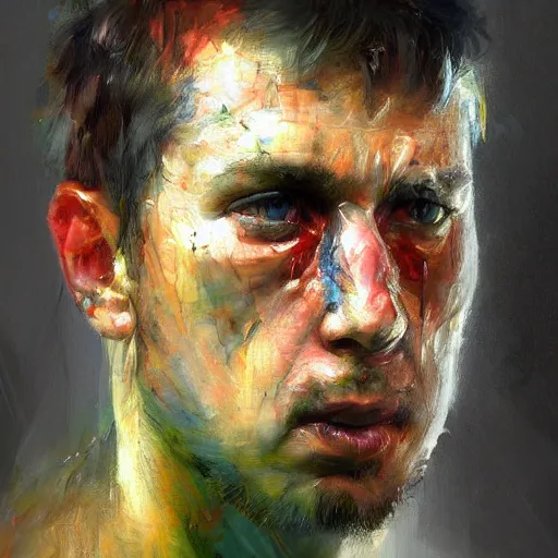 Image similar to A realistic hyperdetailed multi-colored digital oil portrait painting of a man crying about soccer in the style of Guy Denning, Ruan Jia, and Craig Mullins. Trending on ArtStation and DeviantArt. CGSociety Digital art.