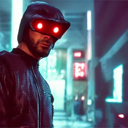 Prompt: cyberpunk cyber Jamiroquai, movie still