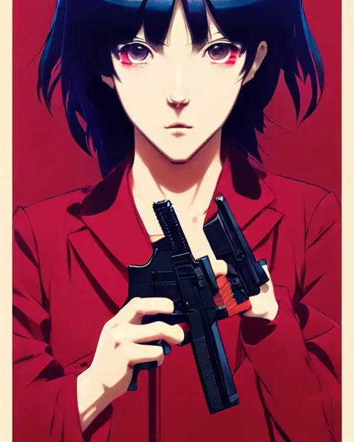 Image similar to girl holding a pistol | | very very anime!!!, fine - face, audrey plaza, realistic shaded perfect face, fine details. anime. realistic shaded lighting poster by ilya kuvshinov katsuhiro otomo ghost - in - the - shell, magali villeneuve, artgerm, jeremy lipkin and michael garmash and rob rey