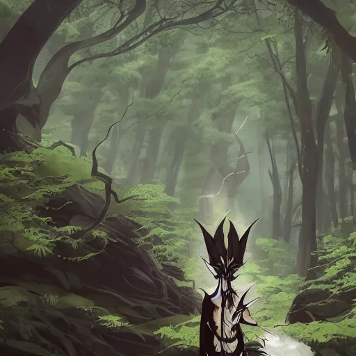 Image similar to concept art painting of an anthropomorphic dragon king with black robes, a long neck, and skull mask, in a deep forest, cel shaded, in the style of makoto shinkai and james gurney and studio ghibli and moebius