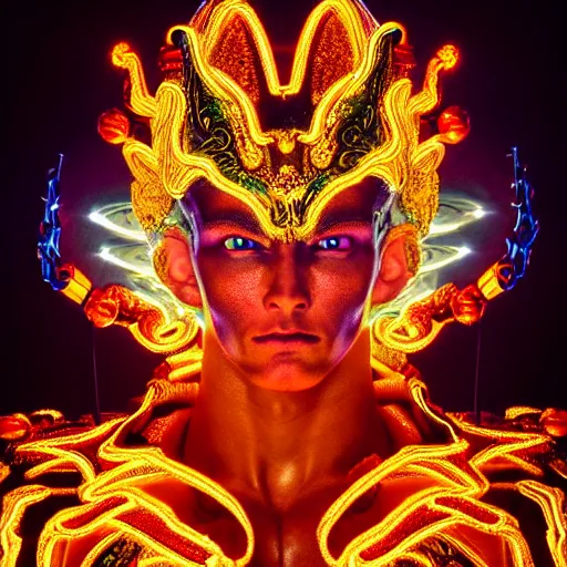 Image similar to uhd photorealisitc inspiring photo of a cosmic gogeta powered up. intricate details. ornate costume. glowing, powering up. hyperdetailed, accurate, global lighting. accurate face. symmetrical face. correct face. photo by annie leibowitz and steve mccurry