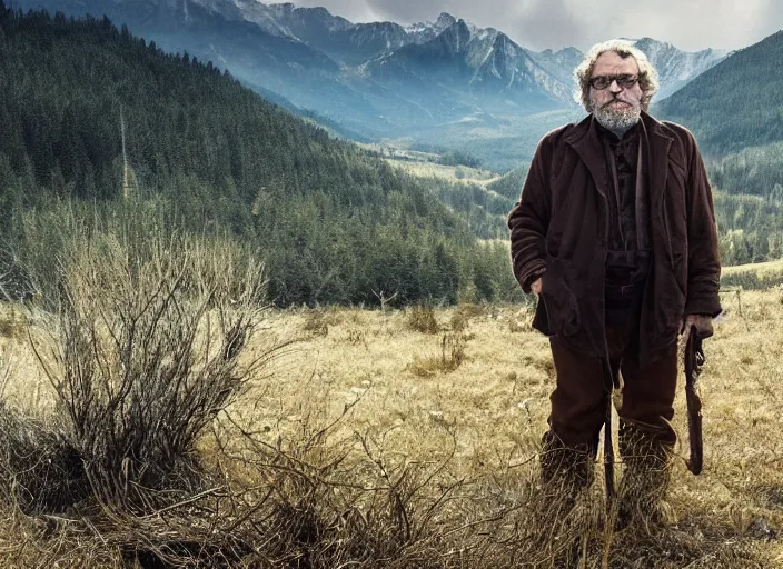 Prompt: First image from Guillermo del Toro's new film Blackadar, starring Mark Rylance as a thrill-seeking alcoholic retiree in a mountain town in 1970s Idaho. Cinematography by Dan Laustsen, shot on Kodak Vision 200T. 8k print.