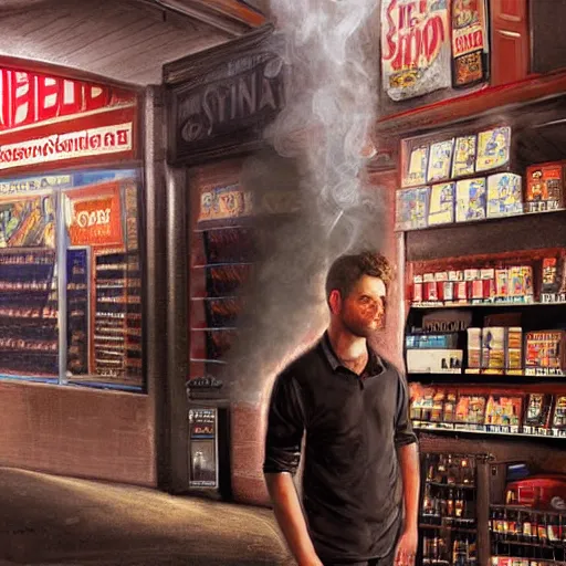 Image similar to giant gigarette with face of tired man standing in the front of tobacco store. smoke all around, ad campaign, commercial shoot, photoshoot, hyper realistic, digital painting. art station. mood lighting. skindness, highly detailed, concept art, intricate, sharp focus - h 1 2 0 0