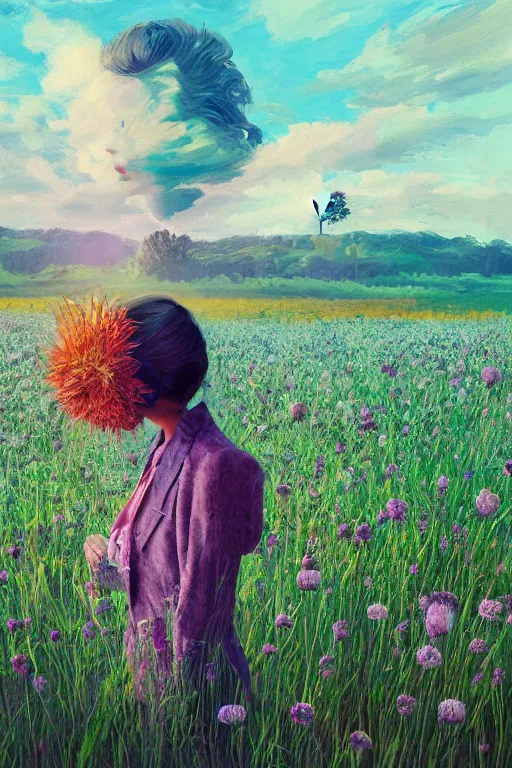 Prompt: portrait, huge thistle flower under head, a girl in suit in field of flowers, surreal photography, sunrise, blue sky, dramatic light, impressionist painting, digital painting, artstation, simon stalenhag