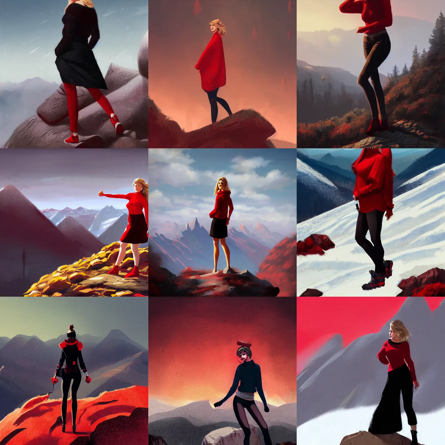 Prompt: kate upton standing on top of the mountain, wearing sweater, red and black color palette, in the style of wlop and greg rutkowski