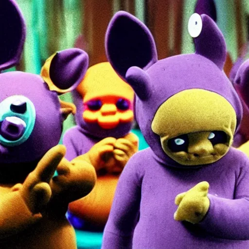 Prompt: tinky winky eating tubby custard, horror, creepy, teletubbies lost creepy spooky bloody episode, realistic,