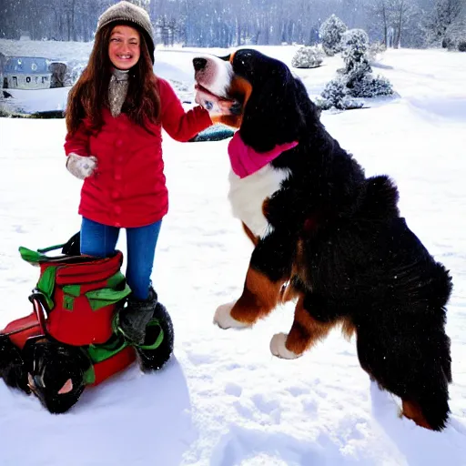 Image similar to girl riding giant Bernese Mountain Dog in the snow, trending on artstation