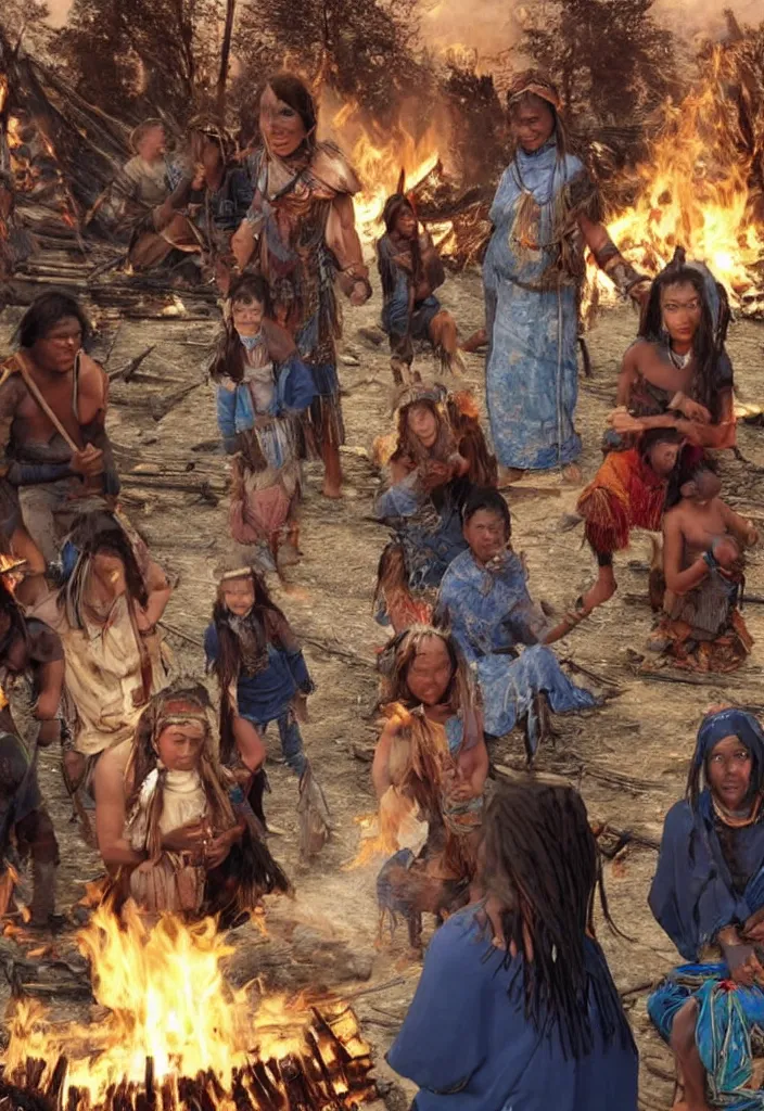 Image similar to realistic bonfire tribe gather with a pregnant woman as her leader, intense blue eyes, realistic, antartica