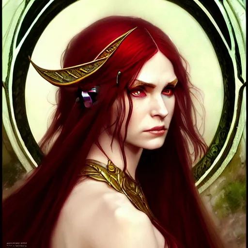 Image similar to Portrait of serious female elven priest, D&D, green eyes, face, long red hair, demon wings, fantasy, intricate, elegant, highly detailed, digital painting, artstation, concept art, smooth, sharp focus, illustration, art by artgerm and greg rutkowski and alphonse mucha