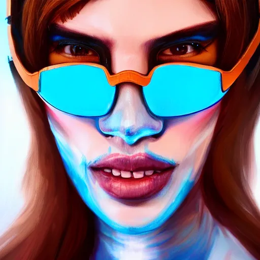 Image similar to closeup painting of a very beautiful young mexican cyberpunk woman smirking, wearing light blue shutter shades and a leather jacket, one side haircut, long brown hair with light blue ends, portrait, hyperdetailed, artstation, cgsociety, 8 k