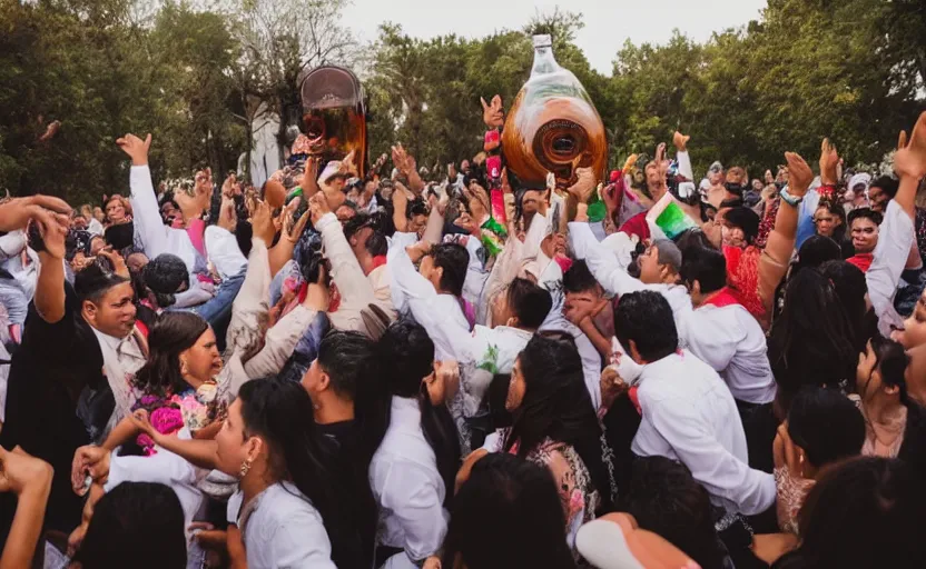 Image similar to a crowd of mexicans dancing around a giant tequila bottle in a wedding,