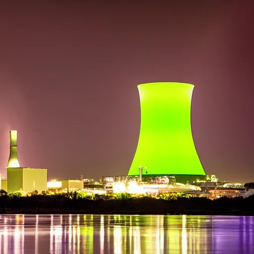 Prompt: nuclear power plant glowing green during a stormy night, award winning photography