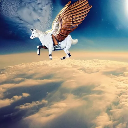 Image similar to photograph of an astronaut riding a Pegasus flying above the sky