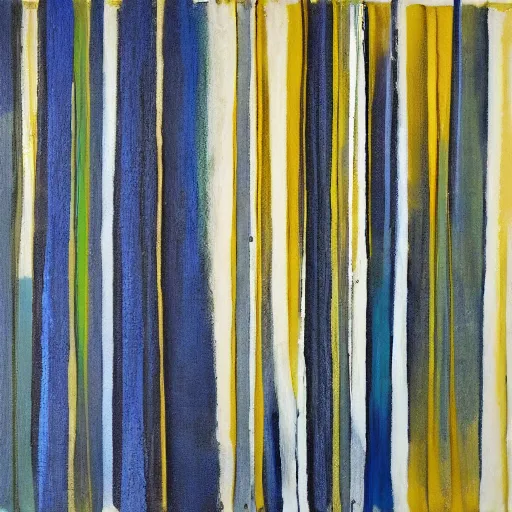 Image similar to In this mixed mediart, the artist has used a simple palette of colors to create a feeling of calm and serenity. The soft hues of blue and green are reminiscent of a cloudy sky, while the orange and yellow suggest the warm glow of the sun. The vertical stripes of color are divided by thin lines of black, which give the impression of deep space. The overall effect is one of peacefulness and balance. pale by Henry Justice Ford, by Mordecai Ardon natural