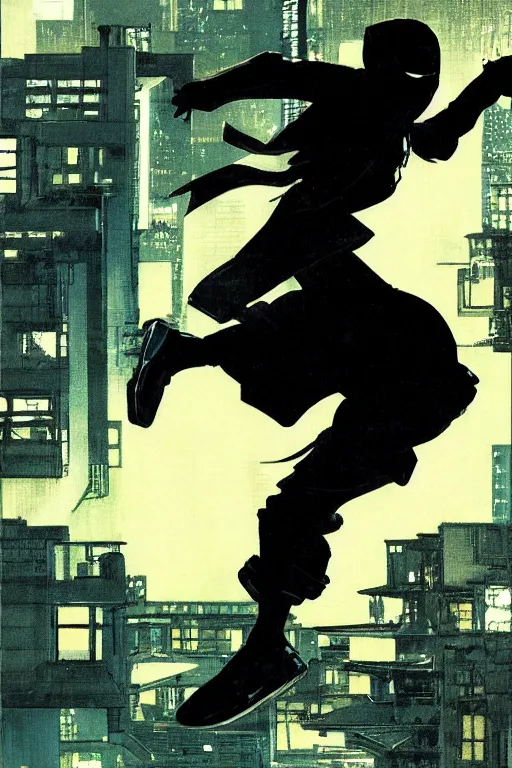 Image similar to a ninja jumping from the roof on a rainy night by syd mead, boneface, yoji shinkawa