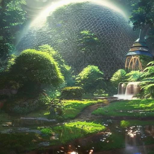 Image similar to geodesic dome with gardens and waterfall, gapmoe kuudere moody lighting stunning bokeh highlights sharp contrast | trending pixiv fanbox | by greg rutkowski makoto shinkai takashi takeuchi studio ghibli