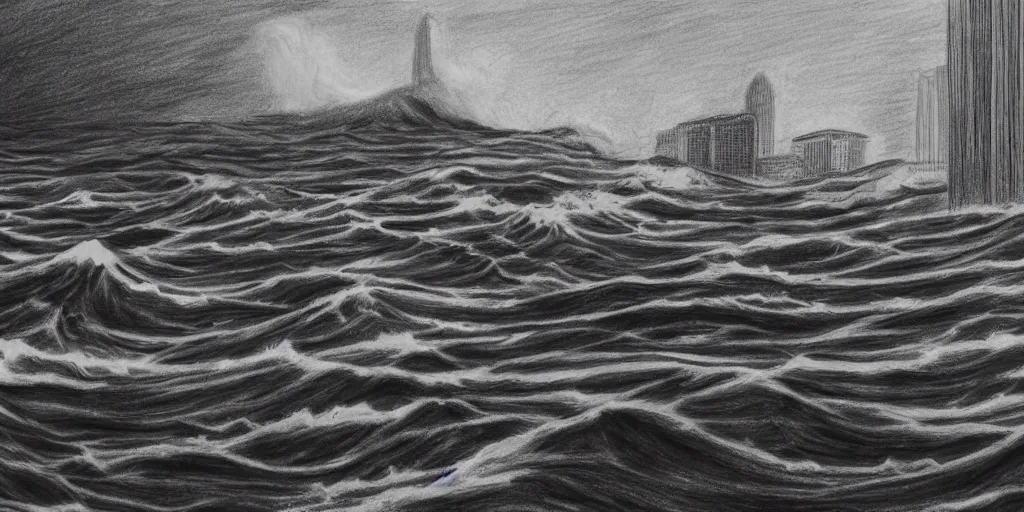 Image similar to a drawing of a tsunami hitting the city of san francisco, realism, 3 d, terror, intense, color