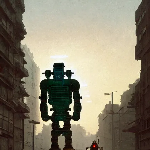 Prompt: mayan cyberpunk robot golem striding through streets of city, perfectly clear face, shadow of the colossus screenshot by j. c. leyendecker, simon stalenhag, studio ghibli, and beksinski