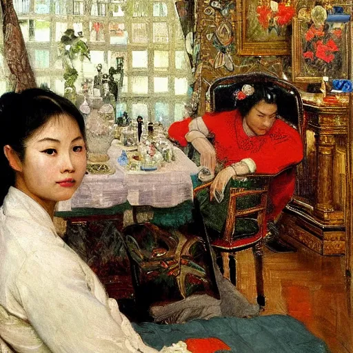 Image similar to portrait of asian beautiful woman watching smartphone masterpiece painting by vasnetsov and surikov, JEAN-VICTOR BERTIN, by Terence Cuneo, detailed, artfully traced, 4k resolution, cinematic