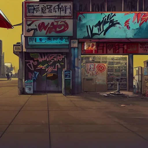 Image similar to incredible wide screenshot, ultrawide, simple watercolor, rough paper texture, ghost in the shell movie scene, back-lit distant shot of phoenix running from a puppet master in tuxedo side view, yellow parasol in deserted dusty shinjuku junk town, broken vending machines, bold graphic graffiti, old pawn shop, bright sun bleached ground, mud, fog, dust, windy, scary robot monster lurks in the background, ghost mask, teeth, animatronic, black smoke, pale beige sky, junk tv, texture, brown mud, dust, tangled overhead wires, telephone pole, dusty, dry, pencil marks, genius party,shinjuku, koji morimoto, katsuya terada, masamune shirow, tatsuyuki tanaka hd, 4k, remaster, dynamic camera angle, deep 3 point perspective, fish eye, dynamic scene