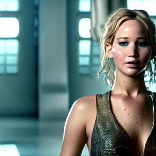 Image similar to still of Jennifer Lawrence as Leelu Dallas in a remake of The Fifth Element (2029)