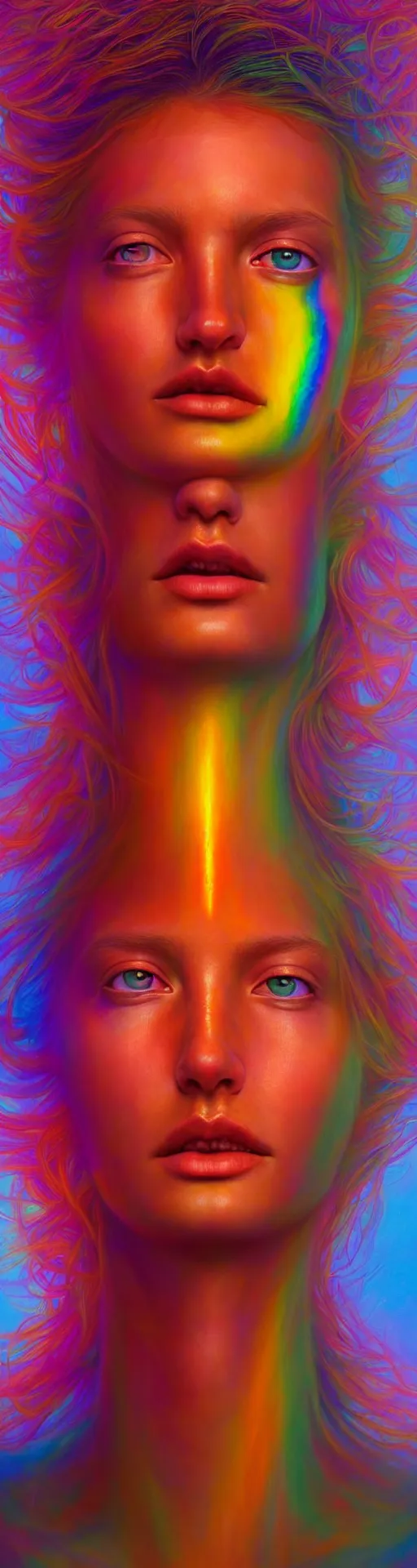 Image similar to hyperrealistic close-up psychedelic portrait of pretty girl! peaceful aura and soul of heaven highly detailed concept art eric zener elson peter, Leng Jun, DMT, epic cinematography, rainbow golden ratio, lighting high angle hd 8k sharp shallow depth of field, inspired by Zdzisław Beksiński and Pablo amaringo