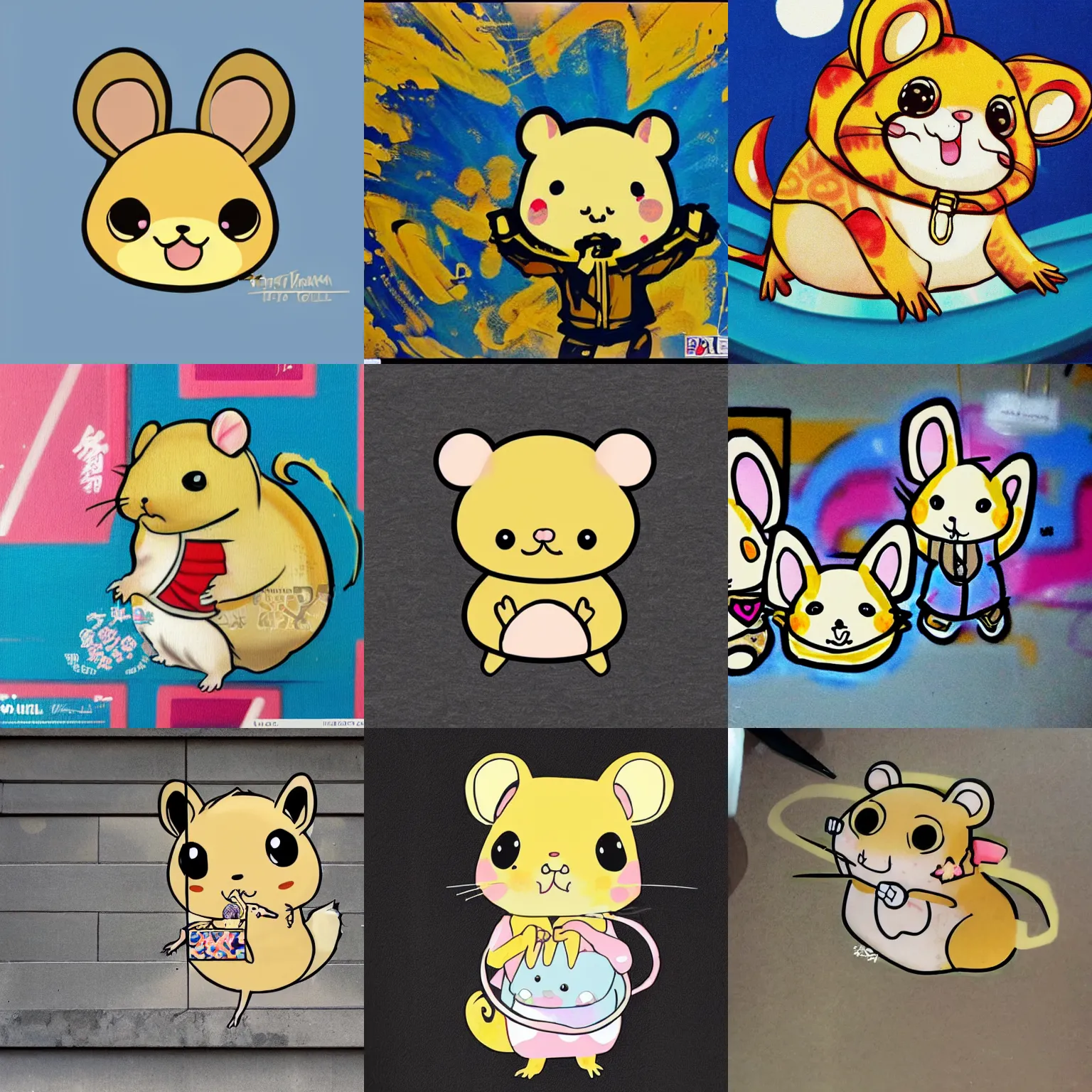 Prompt: japanese grafitti of a cute gold hamster, chibi, anime