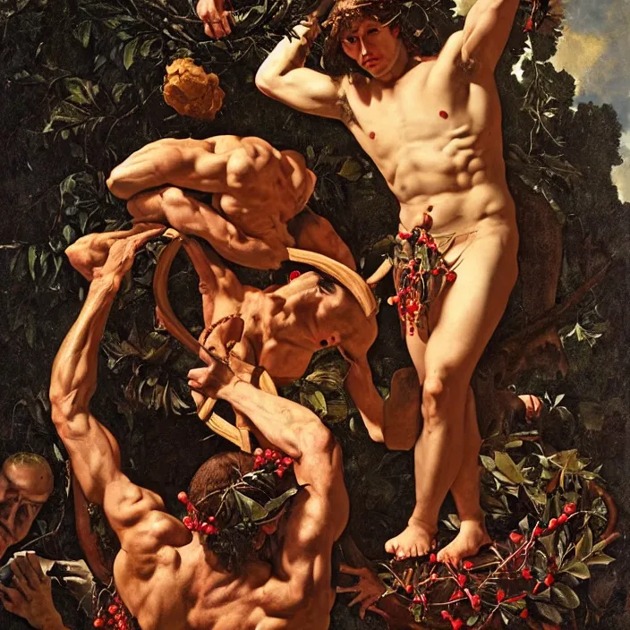 Prompt: portrait of a shirtless muscular male Greek God, a wreath of thorns, snakes, smoke, flames, waist up, oil painting in a renaissance style , very detailed, haunted background, painted by Caravaggio, Greg rutkowski, Sachin Teng, Norman Rockwell