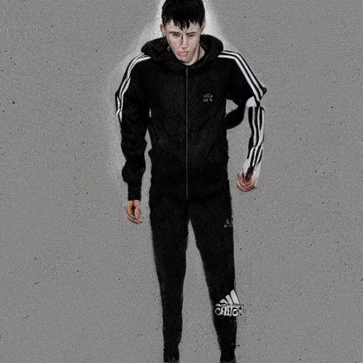 Prompt: Portrait of a man by Greg Rutkowski, he is about 18 years old, british, short black hair with bangs, young, pale, tall and slim, tired look, he's wearing a black adidas tracksuit, highly detailed portrait, scifi, digital painting, artstation, concept art, smooth, sharp foccus ilustration, Artstation HQ