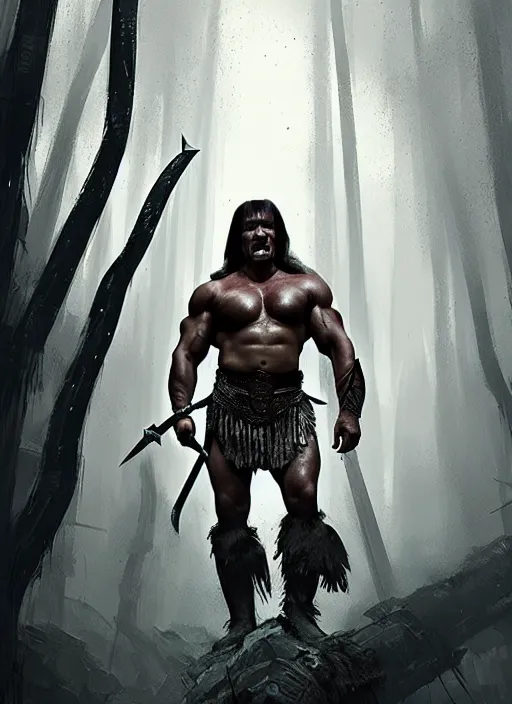 Prompt: schwarzenegger as conan the barbarian, grey forest background, by ismail inceoglu