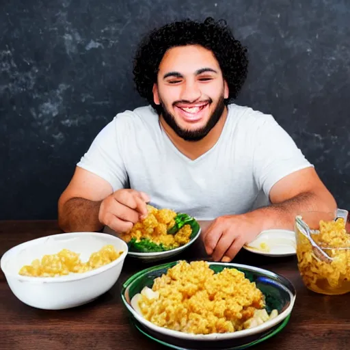 Image similar to short curly haired mixed hispanic 2 0 year old with a huge underbite is excited to feast on chicken, pork, beef, mac and cheese on the table in front of him
